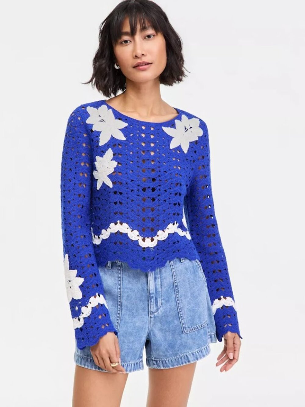 On 34th Women's 3D Flower Crochet Sweater NWT